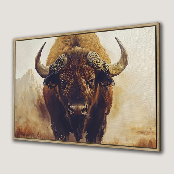Canvas Print of a majestic bison. Rustic style wall art with warm brown and tan tones. Bring the wild west home!