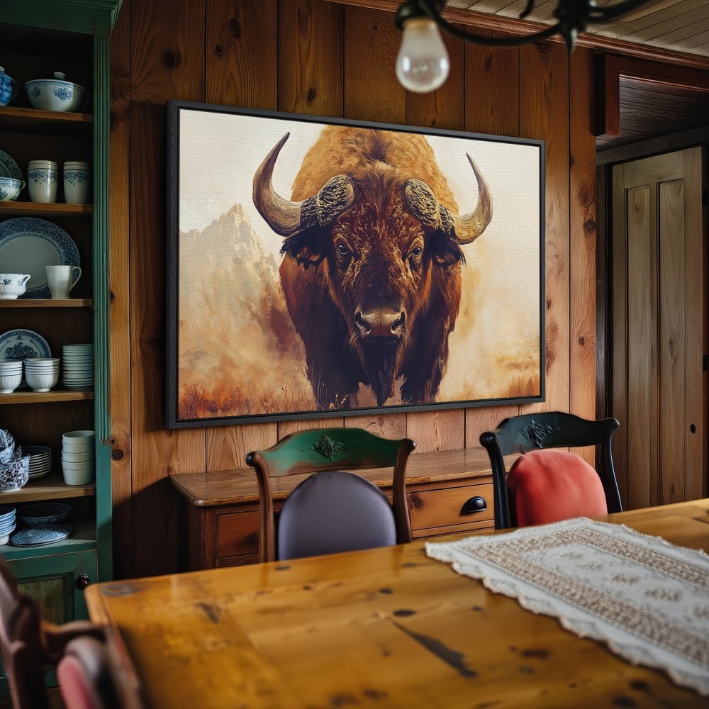 Framed Wall Art: Majestic bison canvas print in warm earth tones. Rustic decor for your home. Shop now!