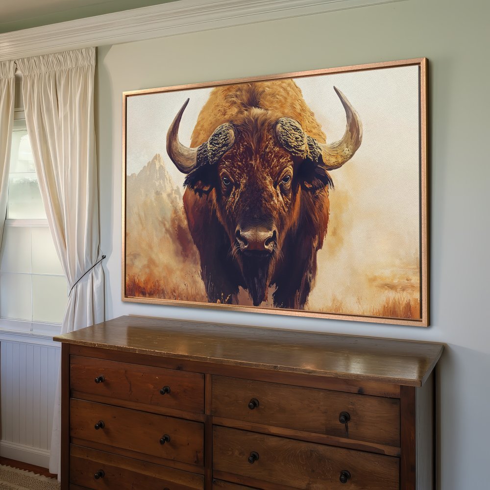 Framed Wall Art: Majestic bison art print in warm earth tones. Bring the wild west home with this stunning canvas print!