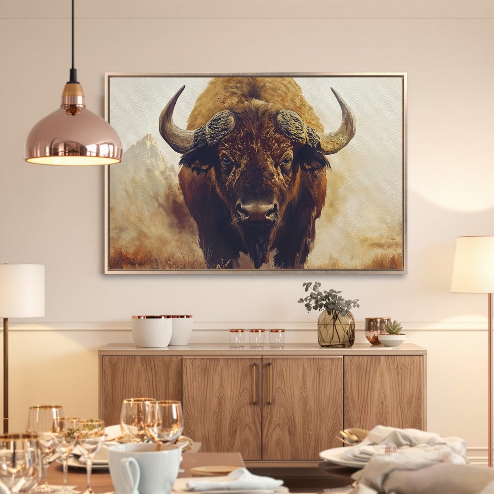 Framed Wall Art: Majestic bison canvas print in warm earth tones. Rustic decor for living room or dining area. Add a touch of nature to your space.