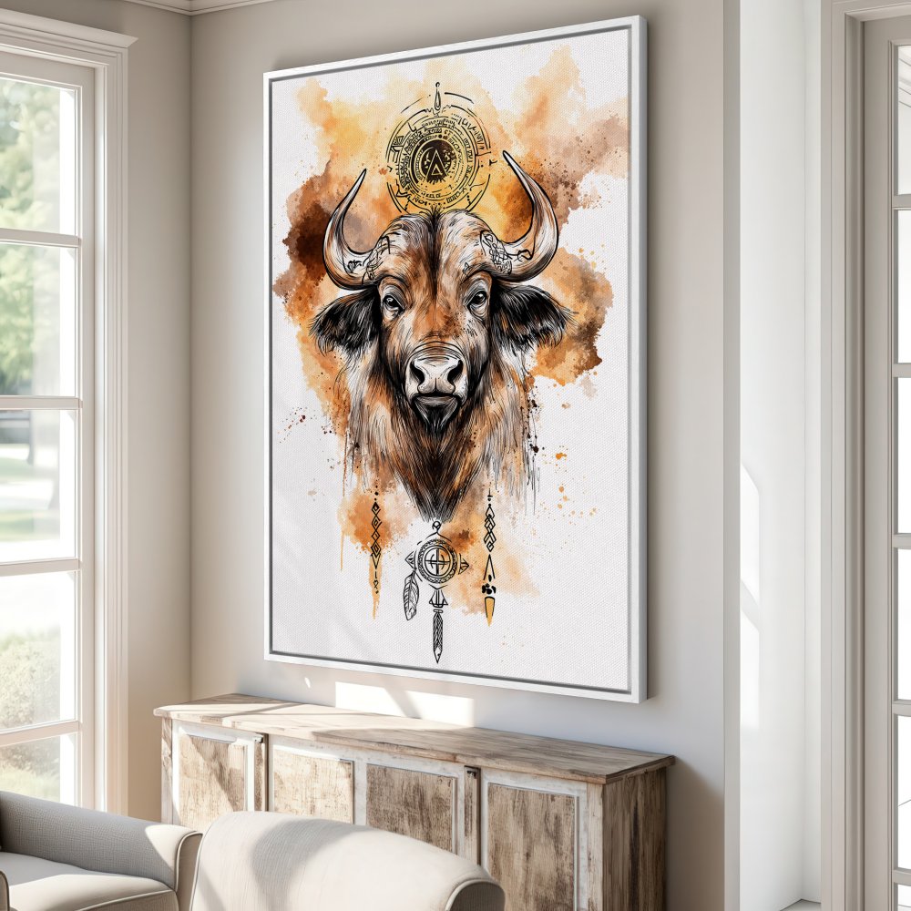 Framed Wall Art: Stunning buffalo portrait in watercolor style with warm brown and gold tones. Bring a touch of nature and art to your home!