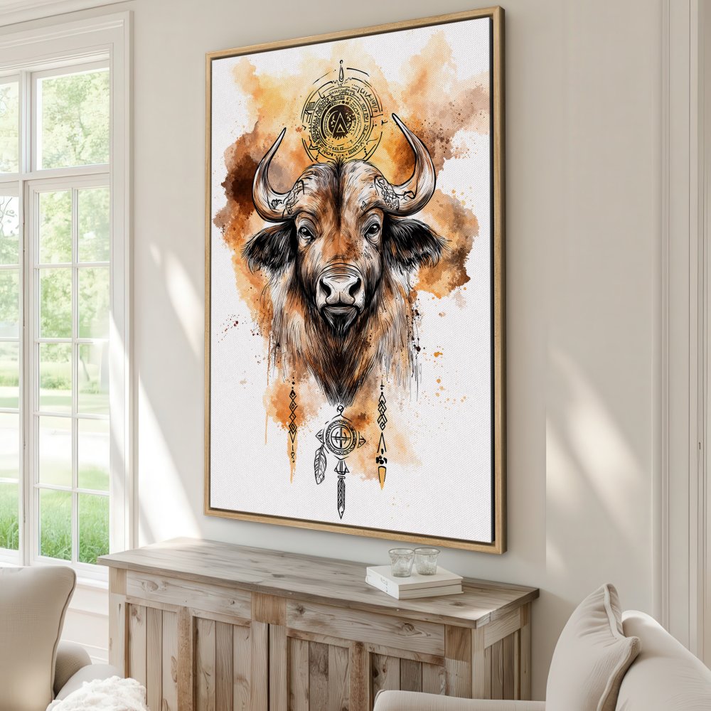 Framed Wall Art: Majestic buffalo portrait in watercolor style, warm earth tones. Add a touch of nature and art to your home decor.