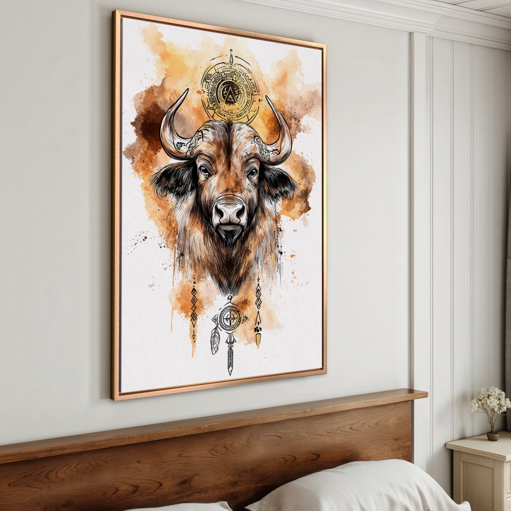 Framed Wall Art: Watercolor bison portrait in warm brown and gold tones. Perfect for rustic or bohemian decor.