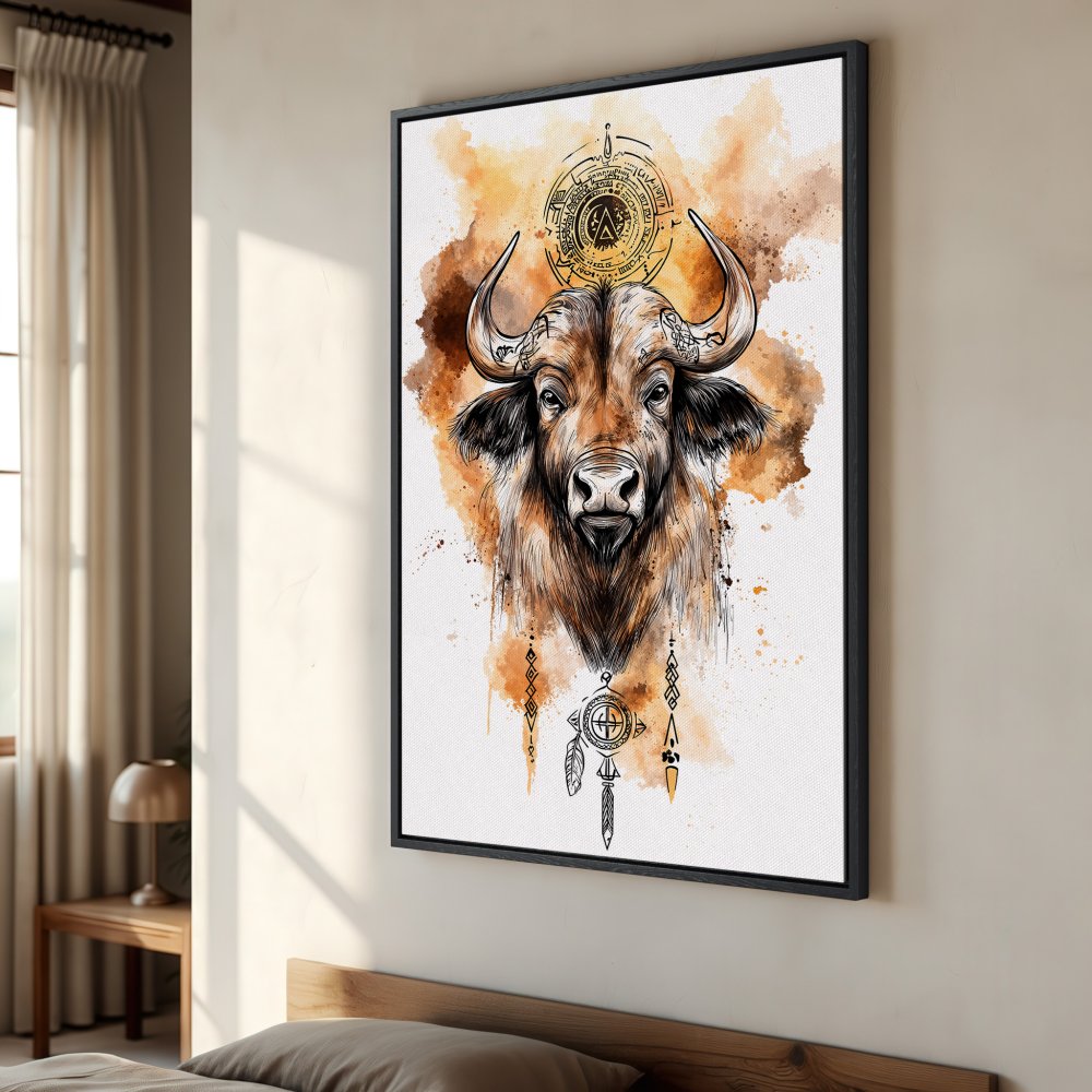 Framed Wall Art: Bull portrait in watercolor style with warm brown and orange tones. Perfect for adding a touch of boho style to your space.