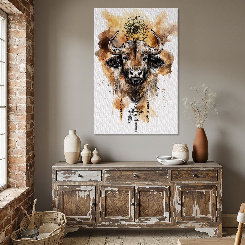 Framed Wall Art featuring a watercolor bull. Earthy tones and bohemian style. Perfect for dining room decor.
