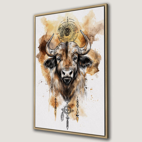 Framed Wall Art: Buffalo portrait in watercolor style, warm brown and beige tones. Perfect for rustic and boho decor.
