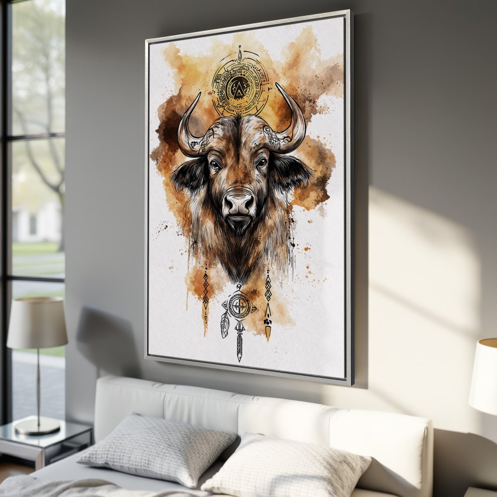 Framed Wall Art: Majestic buffalo portrait in watercolor style, warm earth tones. Elevate your space with this stunning Canvas Print!