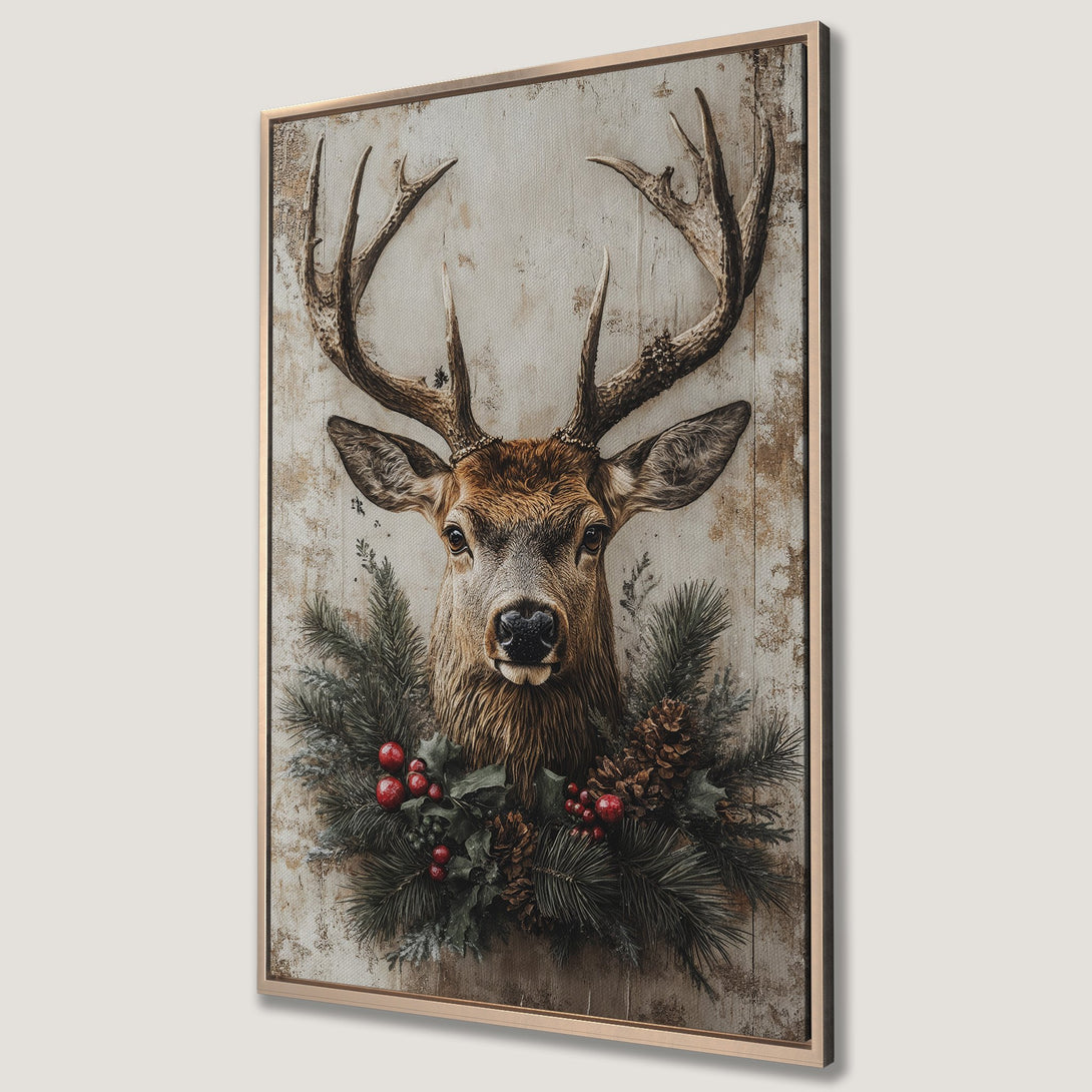 Framed Wall Art featuring a majestic deer with antlers, rustic style, warm neutral color palette. Perfect for adding a touch of nature to your home!