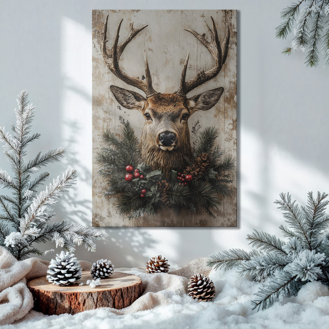 Framed Wall Art: Rustic deer portrait in warm tones. Perfect for holiday decor. Adds cozy charm to any space. Shop now!