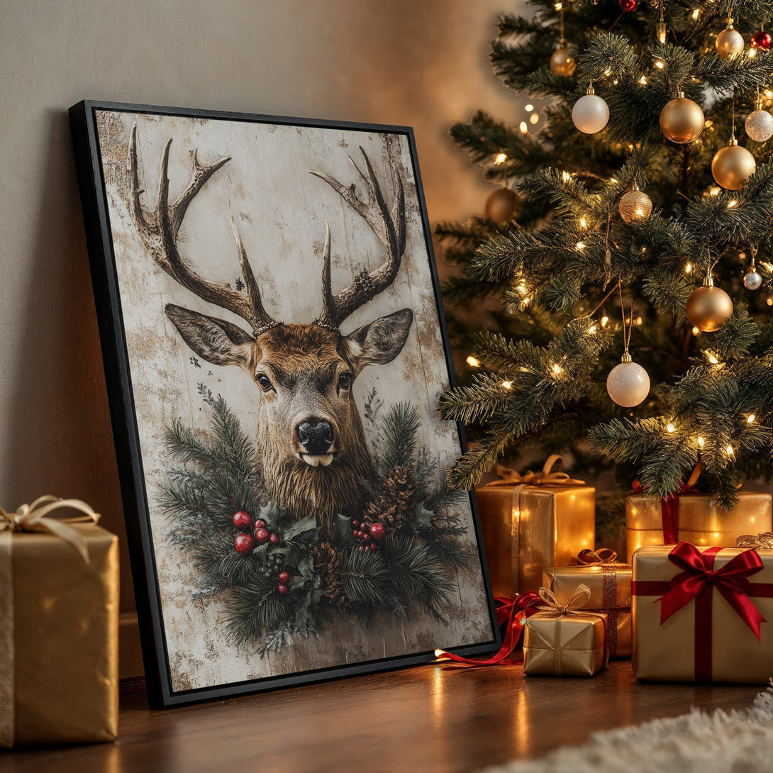 Framed Wall Art featuring a majestic deer portrait in rustic style, perfect for holiday decor. Warm, earthy tones with accents of red and green.