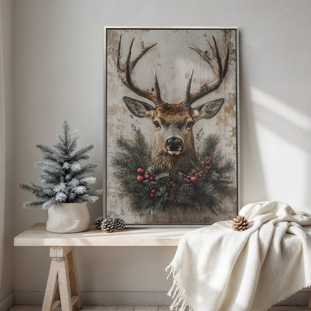 Framed Wall Art featuring a majestic deer with festive greenery. Rustic style, warm neutral color palette. Perfect for holiday decor.