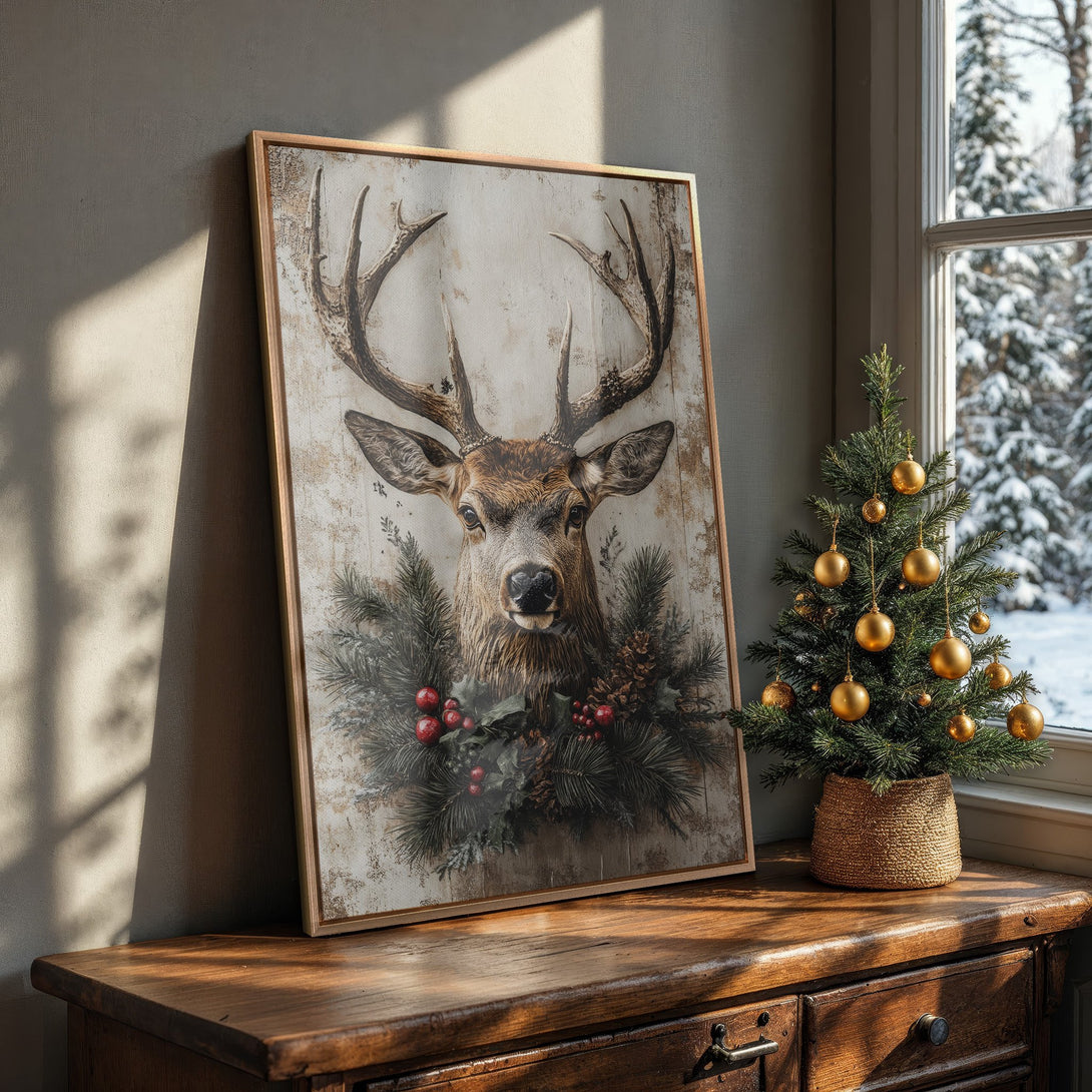 Framed Wall Art: Rustic deer portrait in neutral tones. Perfect for holiday decor! Adds a touch of nature & cozy vibes to any room. Shop now!