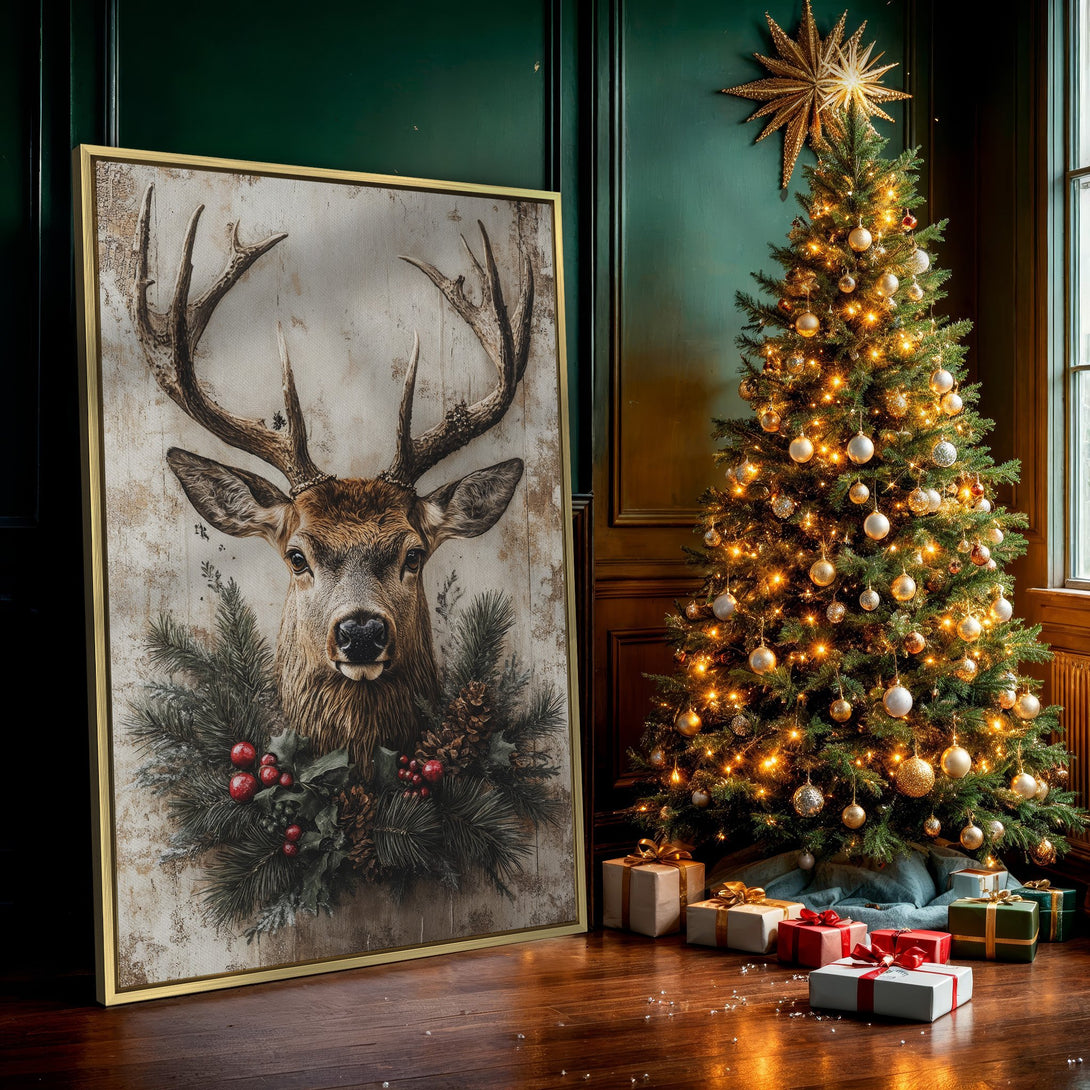 Canvas Print of a majestic deer with rustic, vintage style. Earthy tones with pops of red, perfect for holiday decor.