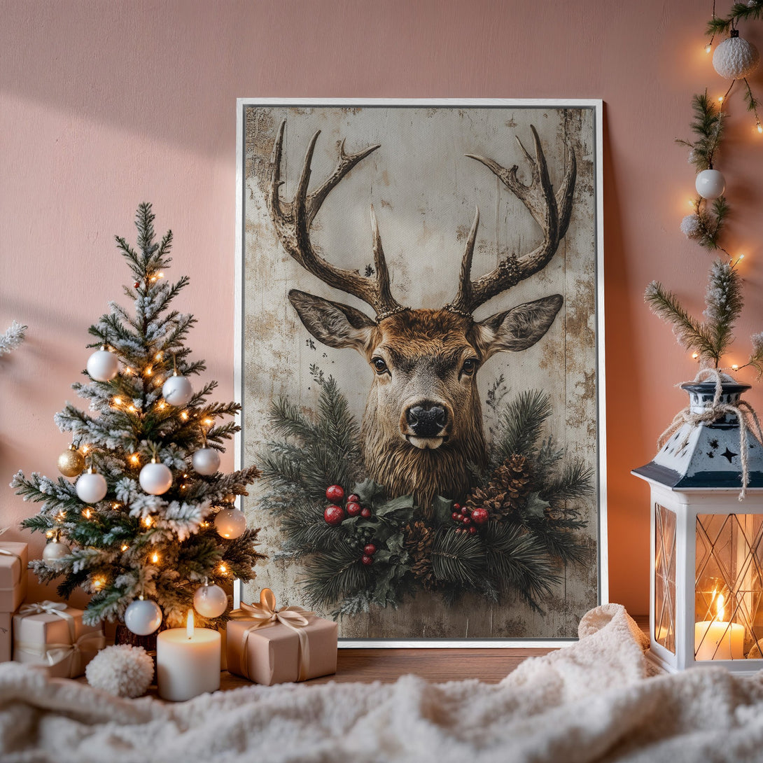 Framed Wall Art: Rustic deer portrait with warm, neutral tones. Perfect for holiday decor! Shop our Canvas Print collection for cozy home accents.