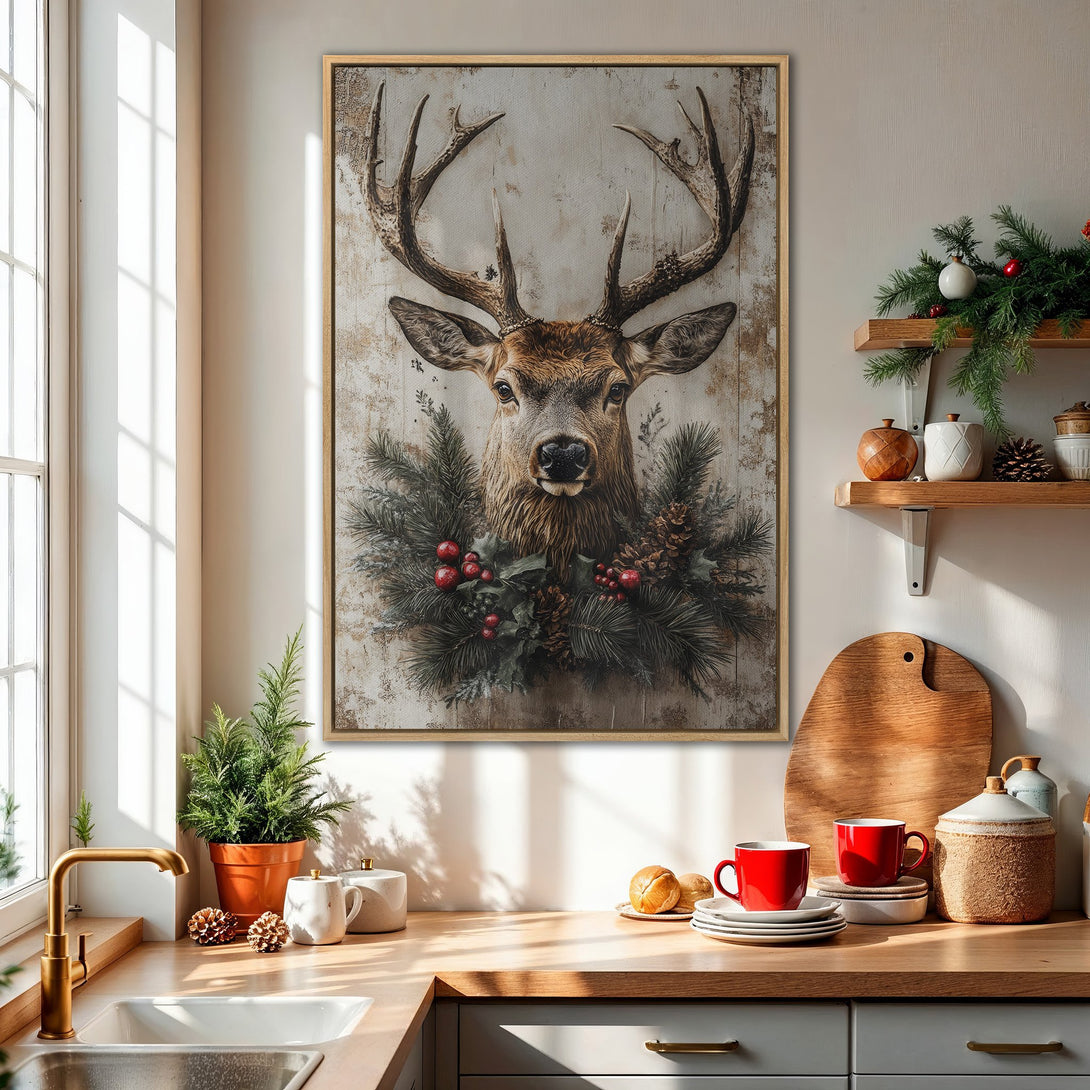 Framed Wall Art: Rustic deer portrait in neutral tones, perfect for farmhouse decor. Warm color palette adds cozy vibes to any space.