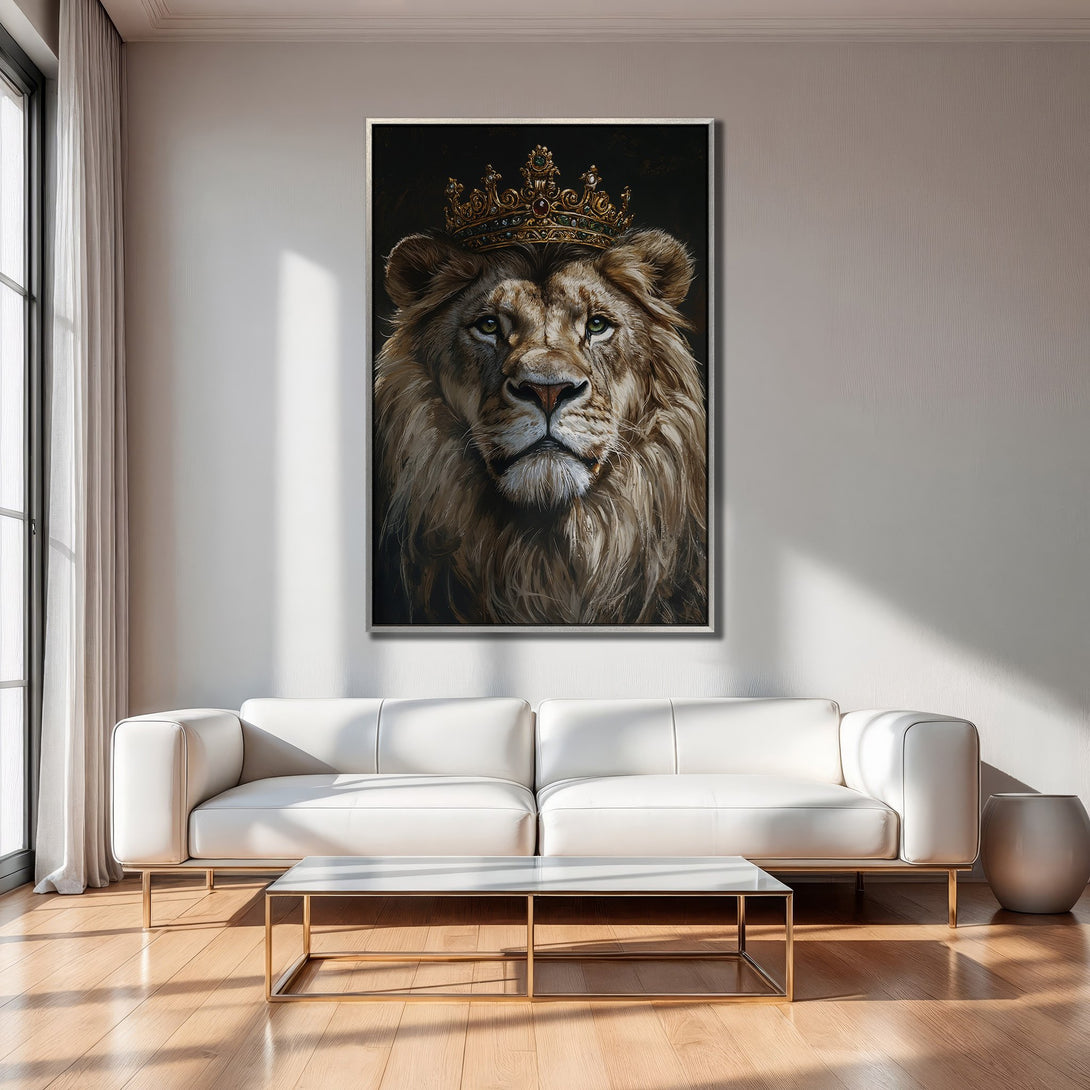 Framed Wall Art featuring a regal lion with a crown, displayed in a modern interior. Warm, earthy tones and a black background create a striking visual.