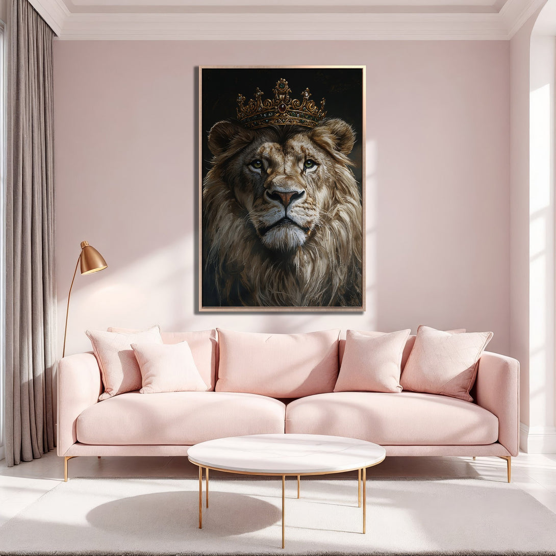 Framed Wall Art: Regal lion portrait with crown, displayed in a stylish pink living room. Modern art with warm, neutral color palette. Elevate your space!