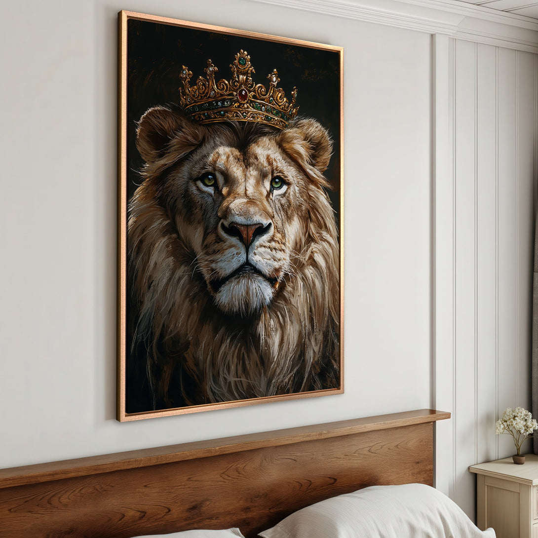 Framed Wall Art: Majestic lion portrait with crown. Rich brown and gold color palette. Perfect for adding regal style to your home decor.