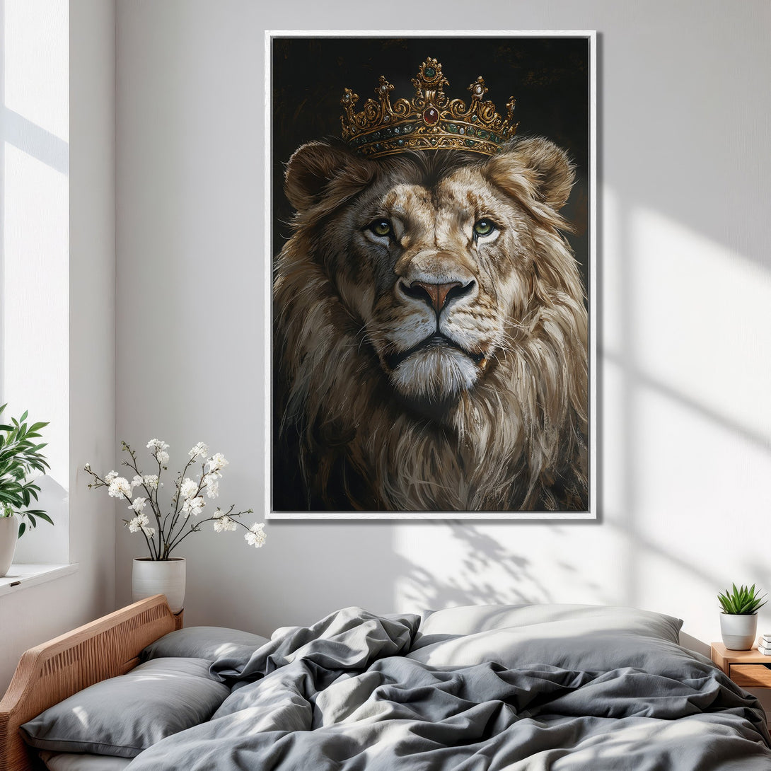 Framed Wall Art: Majestic lion portrait with a crown. Earthy tones and a regal style. Perfect for a bedroom. Add a touch of luxury to your space!