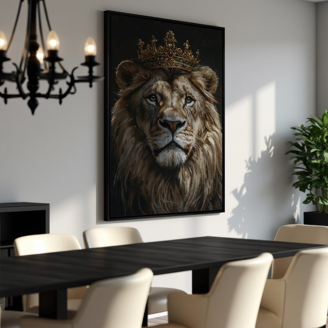 Framed Wall Art: Majestic lion portrait canvas print with a golden crown. Warm, earthy tones create a regal and sophisticated interior design statement.
