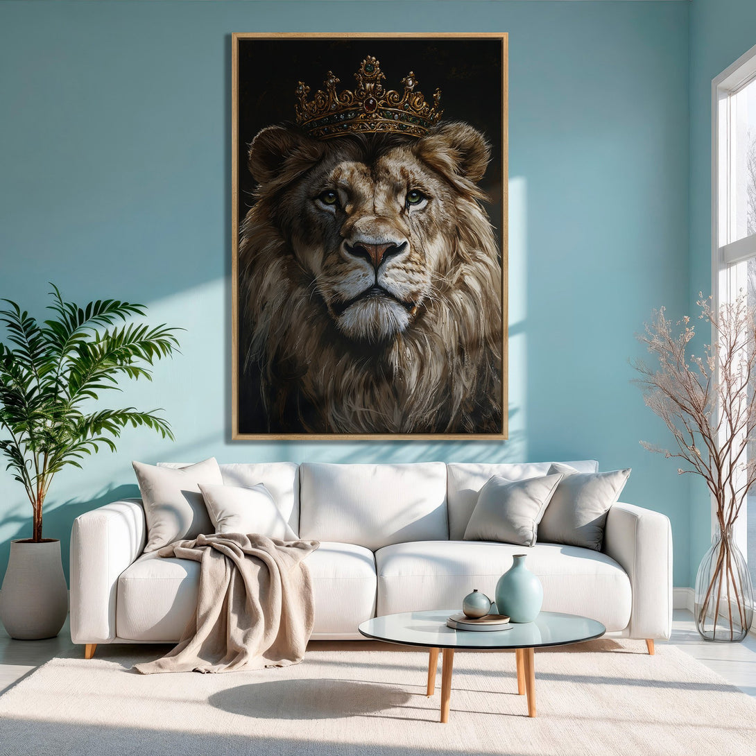 Framed Wall Art: Majestic lion portrait with crown. Earthy tones and a regal style. Perfect for adding a touch of luxury to your home decor.