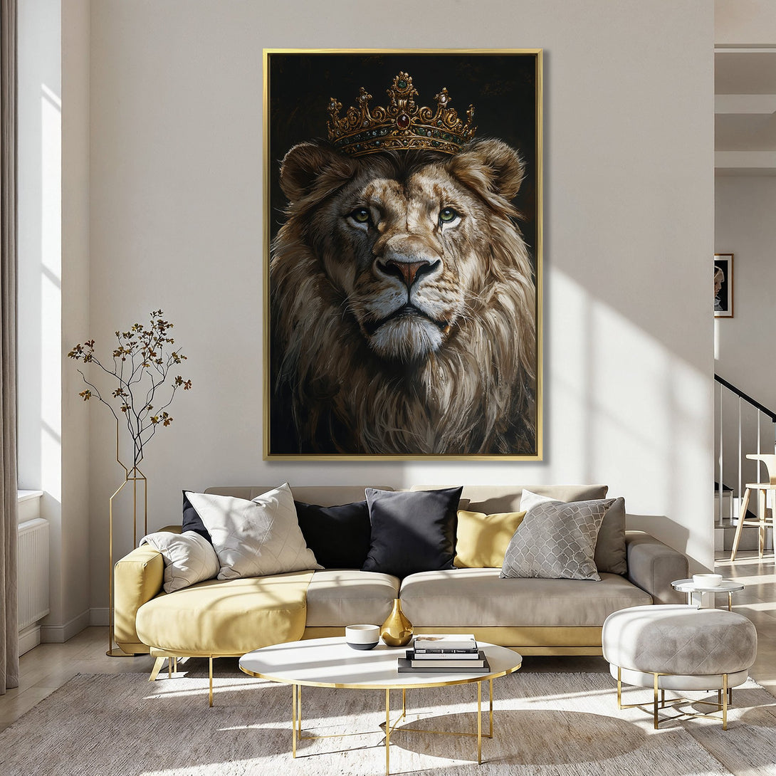 Canvas Print of a regal lion wearing a crown, displayed in a pink interior. Warm, earthy tones with a touch of gold.