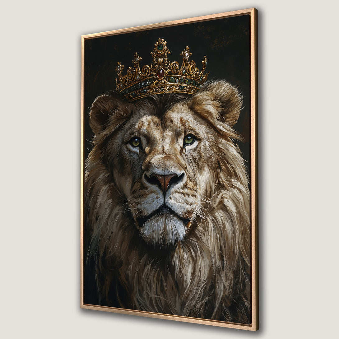 Framed Wall Art: Majestic lion portrait with a golden crown. Regal artwork in warm, earthy tones. Perfect for adding a touch of luxury and power to your space.