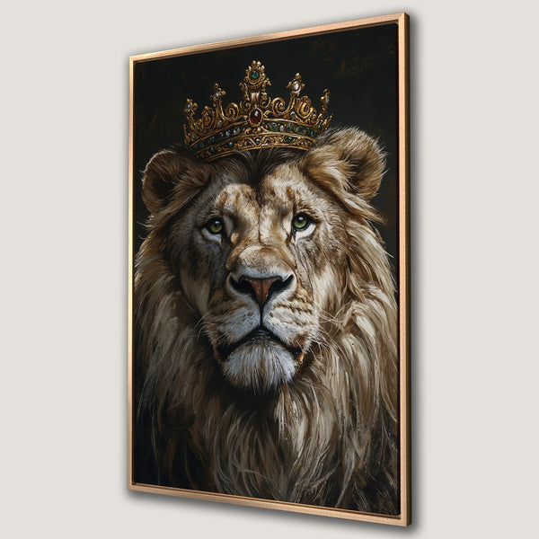 Framed Wall Art: Majestic lion portrait with a golden crown. Regal artwork in warm, earthy tones. Perfect for adding a touch of luxury and power to your space.