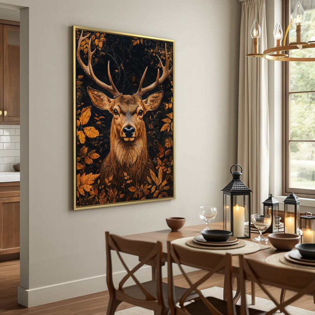 Canvas Print of a regal deer in a forest, featuring warm earth tones. Rustic style art perfect for adding a touch of nature to your home.