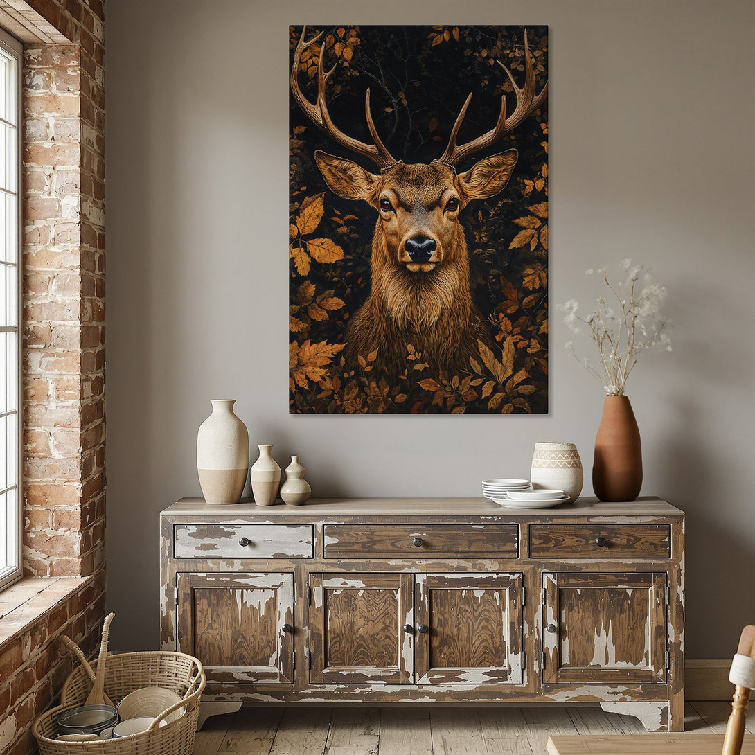 Framed Wall Art: Majestic deer portrait in warm autumn tones. Rustic canvas print adds cozy elegance to dining room decor. Shop now!