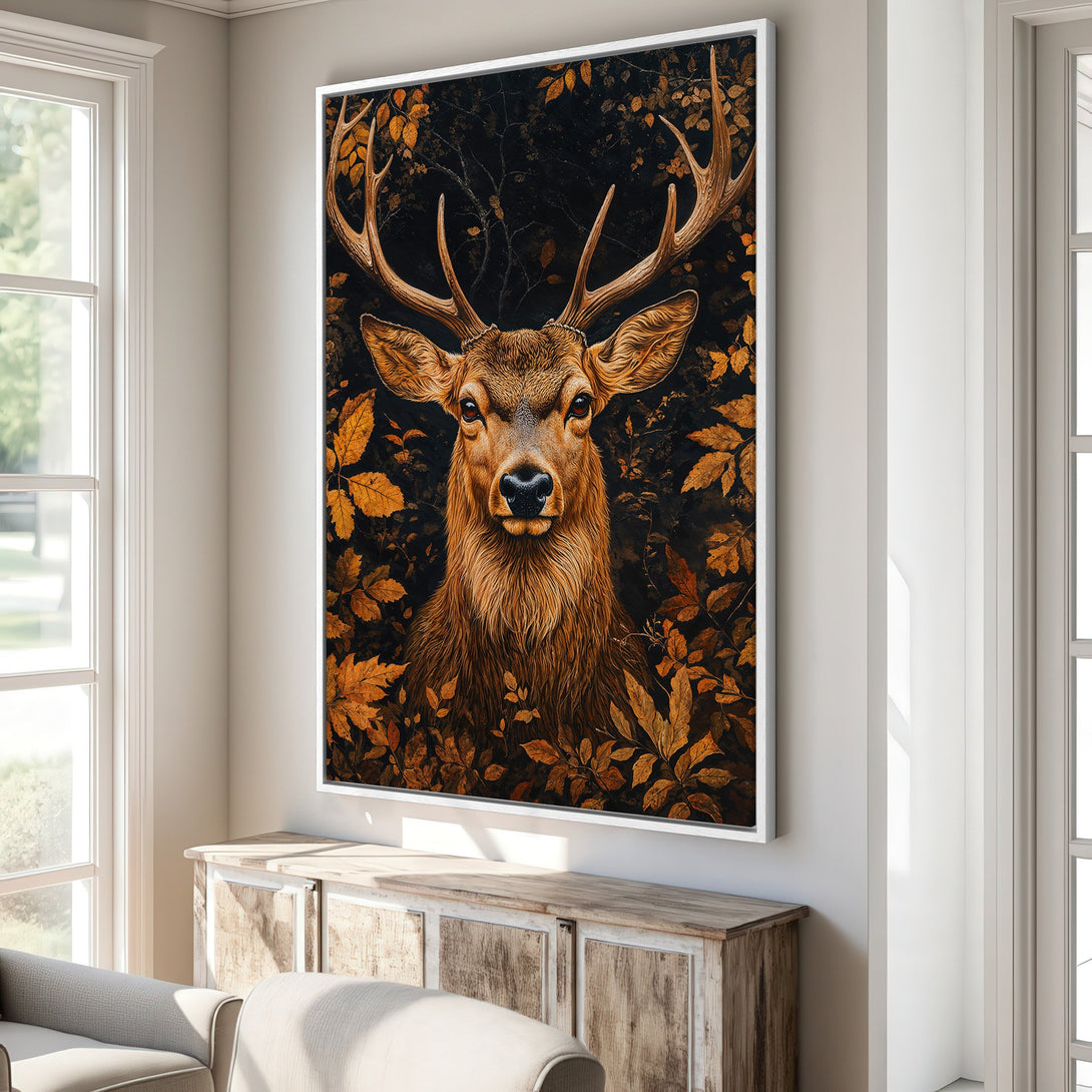 Framed Wall Art featuring a majestic deer portrait with autumn leaves. Rich, warm color palette perfect for adding a touch of nature and elegance to your home decor.