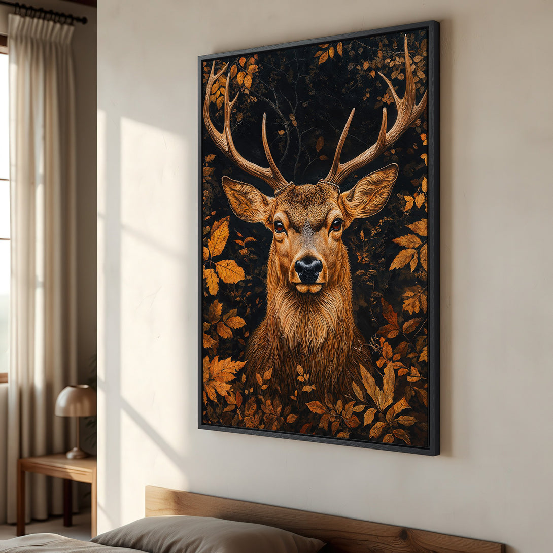 Framed Wall Art: Majestic deer portrait in warm autumn tones. Rustic style canvas print with brown, gold, and black color palette for cozy home decor.