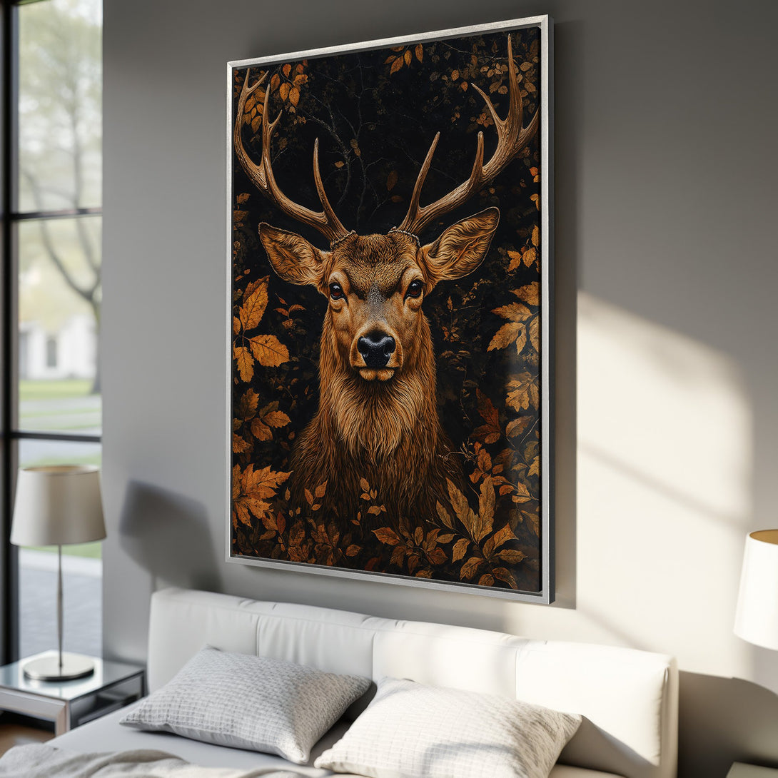 Framed Wall Art featuring a majestic deer portrait with a dark background and autumn color palette. Perfect for adding a touch of nature to your home decor.