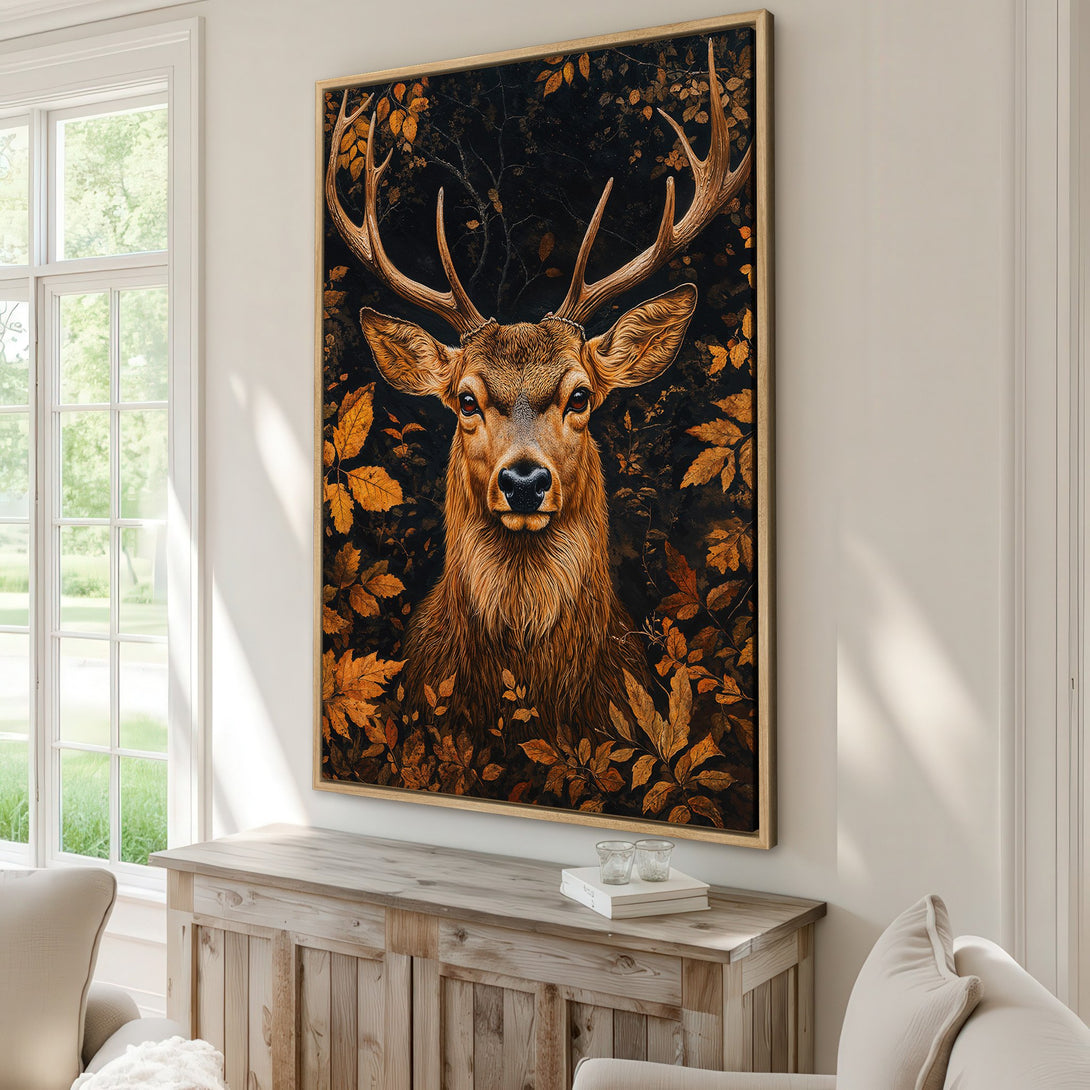 Framed Wall Art featuring a majestic deer portrait in a warm, autumnal color palette. Rustic style Canvas Print perfect for adding a touch of nature to your home decor.