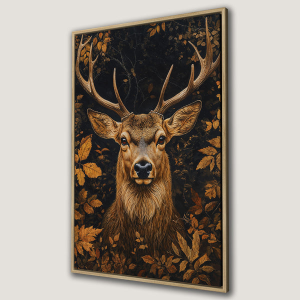 Framed Wall Art featuring a majestic stag in a forest. Warm, earthy tones of brown and gold create a cozy, rustic aesthetic. Perfect for home decor!