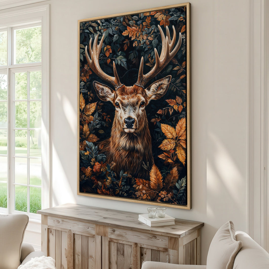 Framed Wall Art: Majestic deer portrait in a dark, autumnal color palette. Bring the beauty of nature indoors with this stunning canvas print.