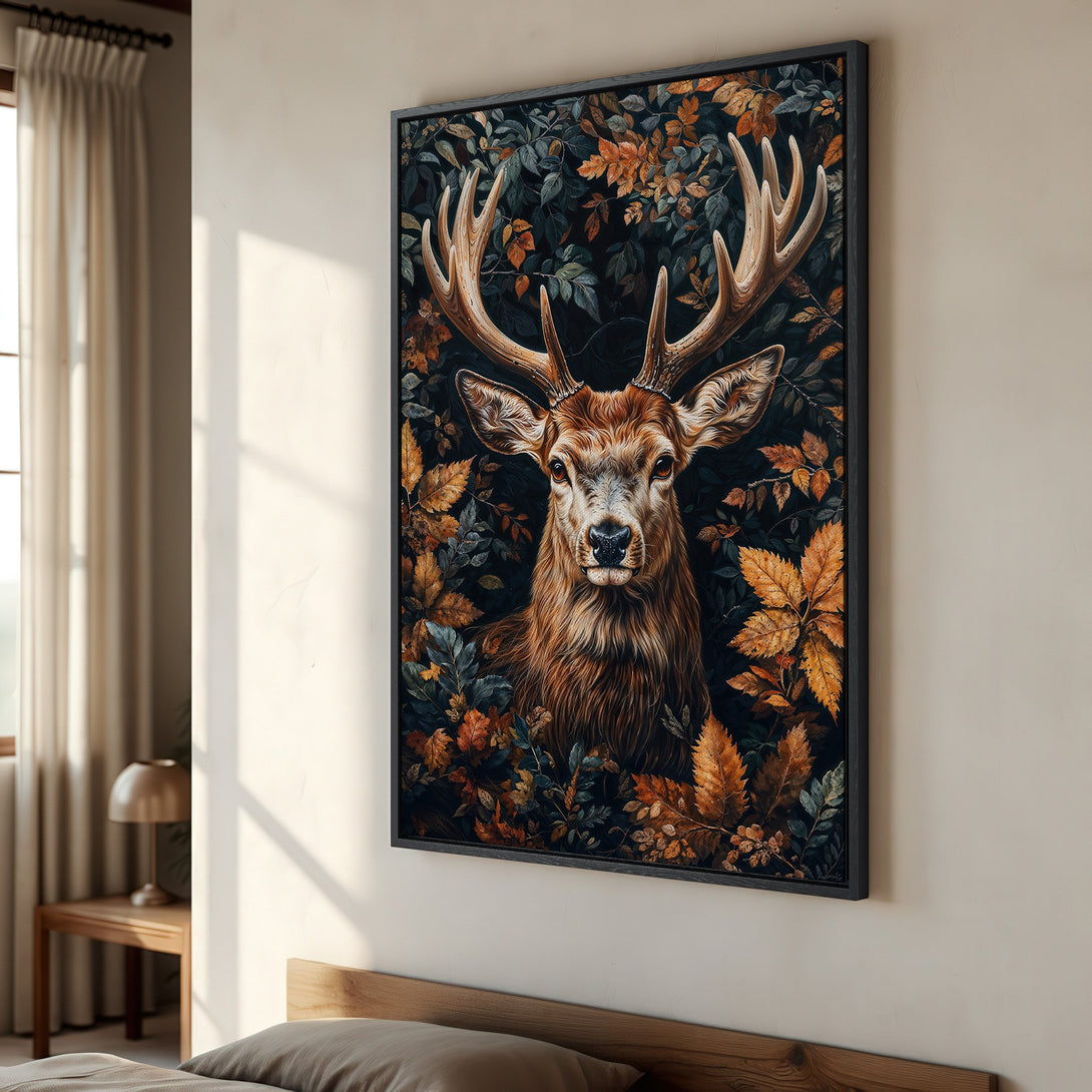Framed Wall Art: Majestic deer portrait with autumn leaves. Earthy tones of brown, orange, and green. Perfect for rustic home decor.