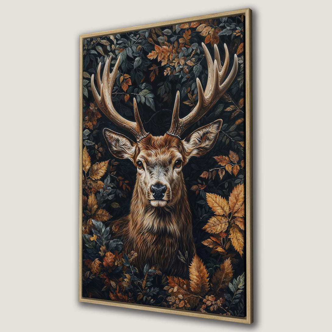 Framed Wall Art featuring a majestic deer in a forest setting. Warm autumn color palette with browns, oranges, and greens. Perfect for rustic decor.