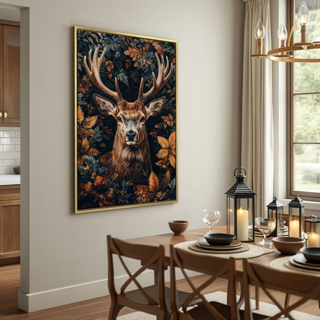 Canvas Print of a majestic stag in autumnal colors. Rustic style wall art with warm brown and green tones, perfect for home decor.