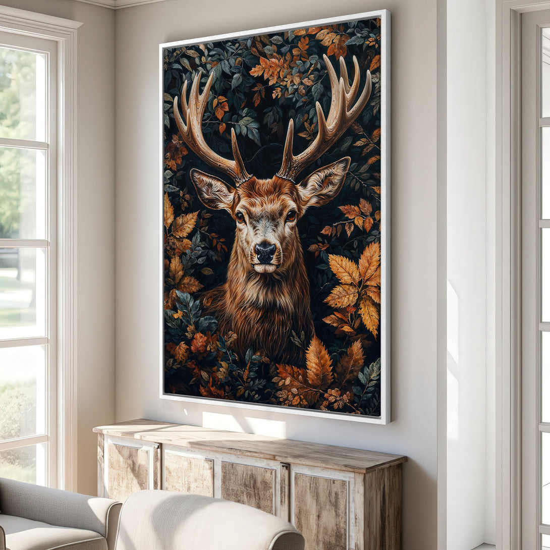 Framed Wall Art: Majestic deer portrait in a rich, autumnal color palette. Perfect for adding a touch of nature-inspired elegance to your home decor.