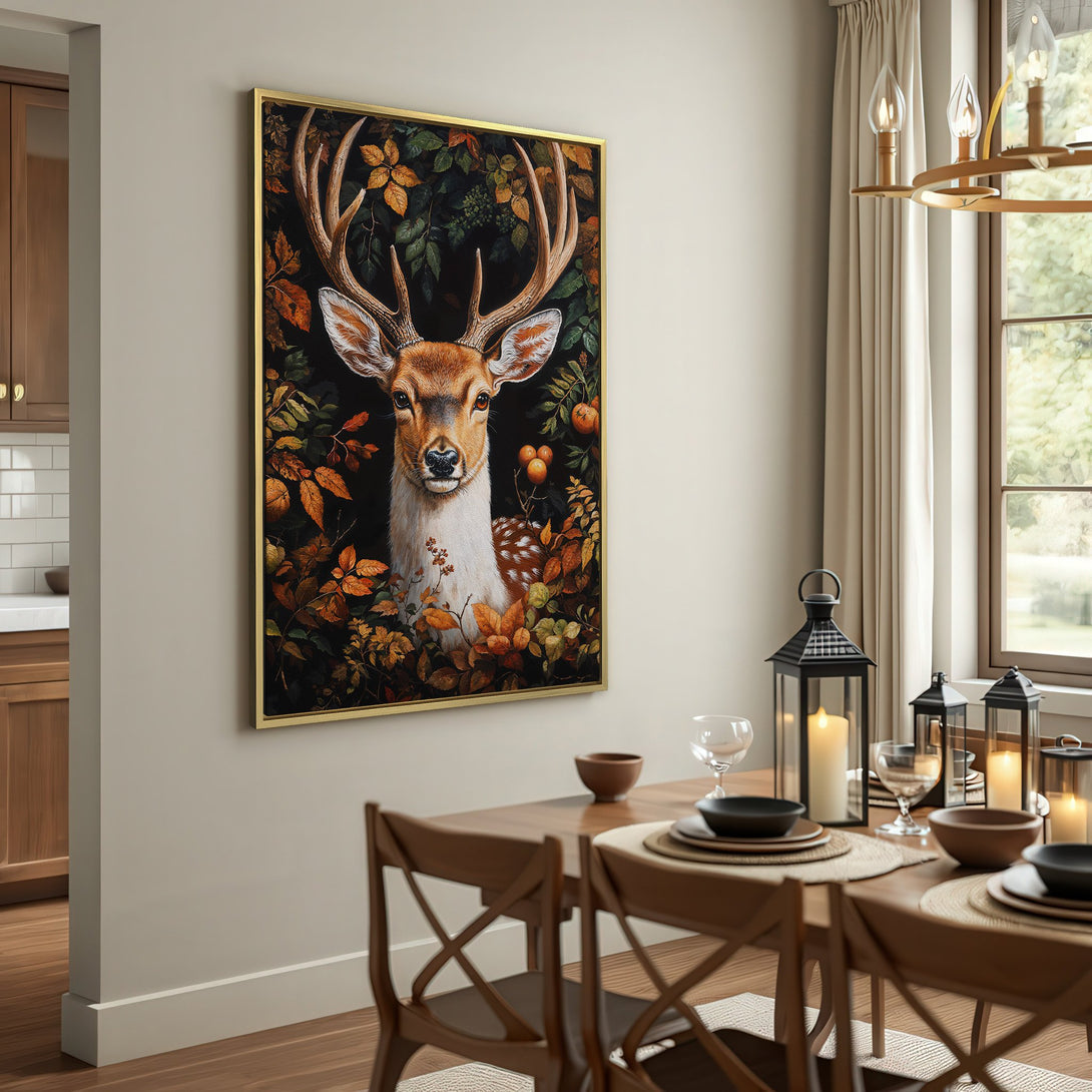Canvas Print of a majestic deer in a forest, warm autumn color palette, perfect for rustic home decor.