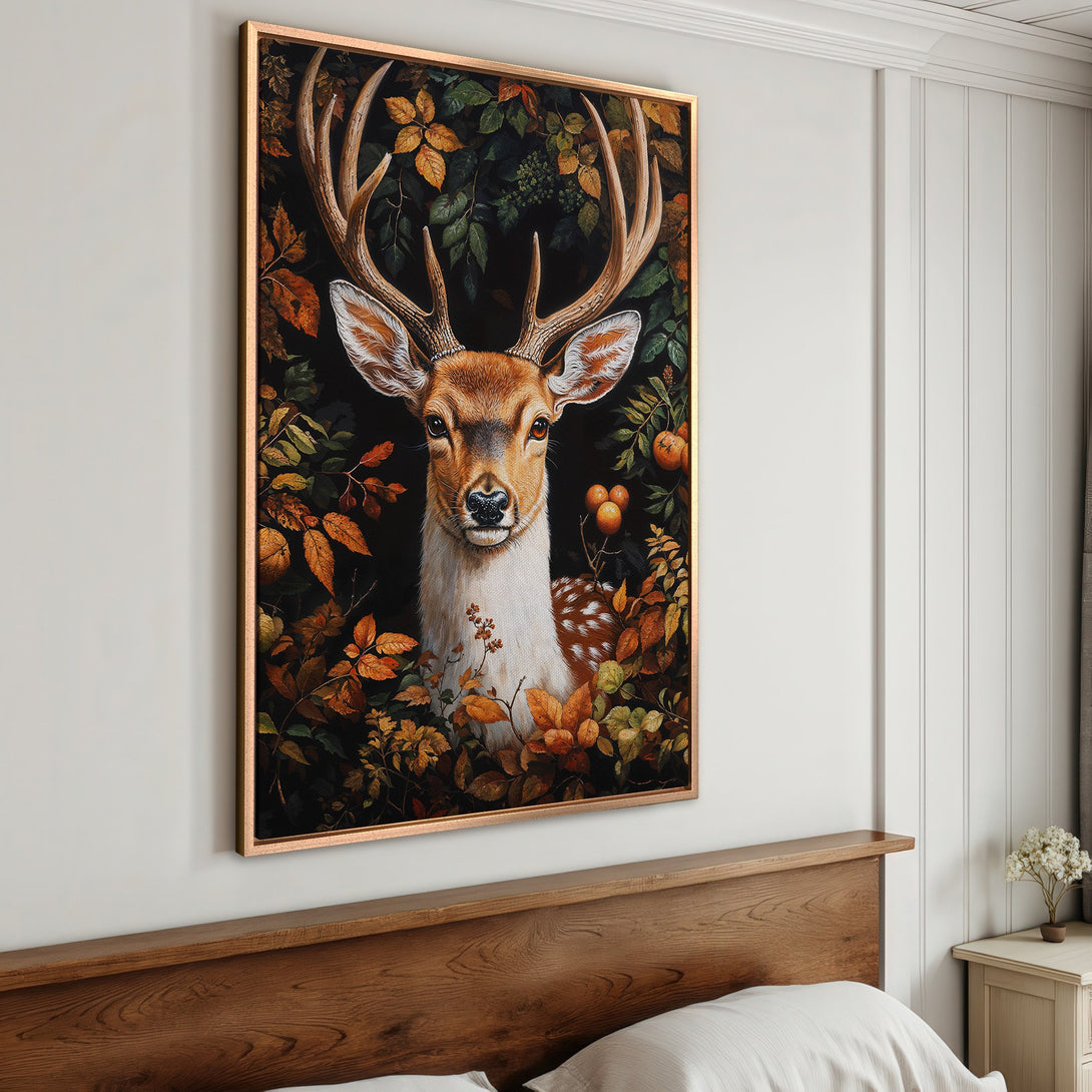 Framed Wall Art: Majestic deer portrait in a dark, painterly style. Earthy tones of brown, green, and gold create a warm, inviting atmosphere. Perfect for any room!