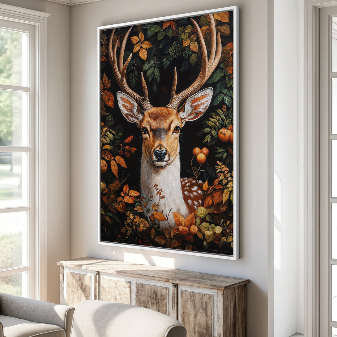 Framed Wall Art featuring a majestic deer in a lush, autumnal forest. Warm, earthy tones of orange, brown, and green create a cozy, nature-inspired aesthetic.