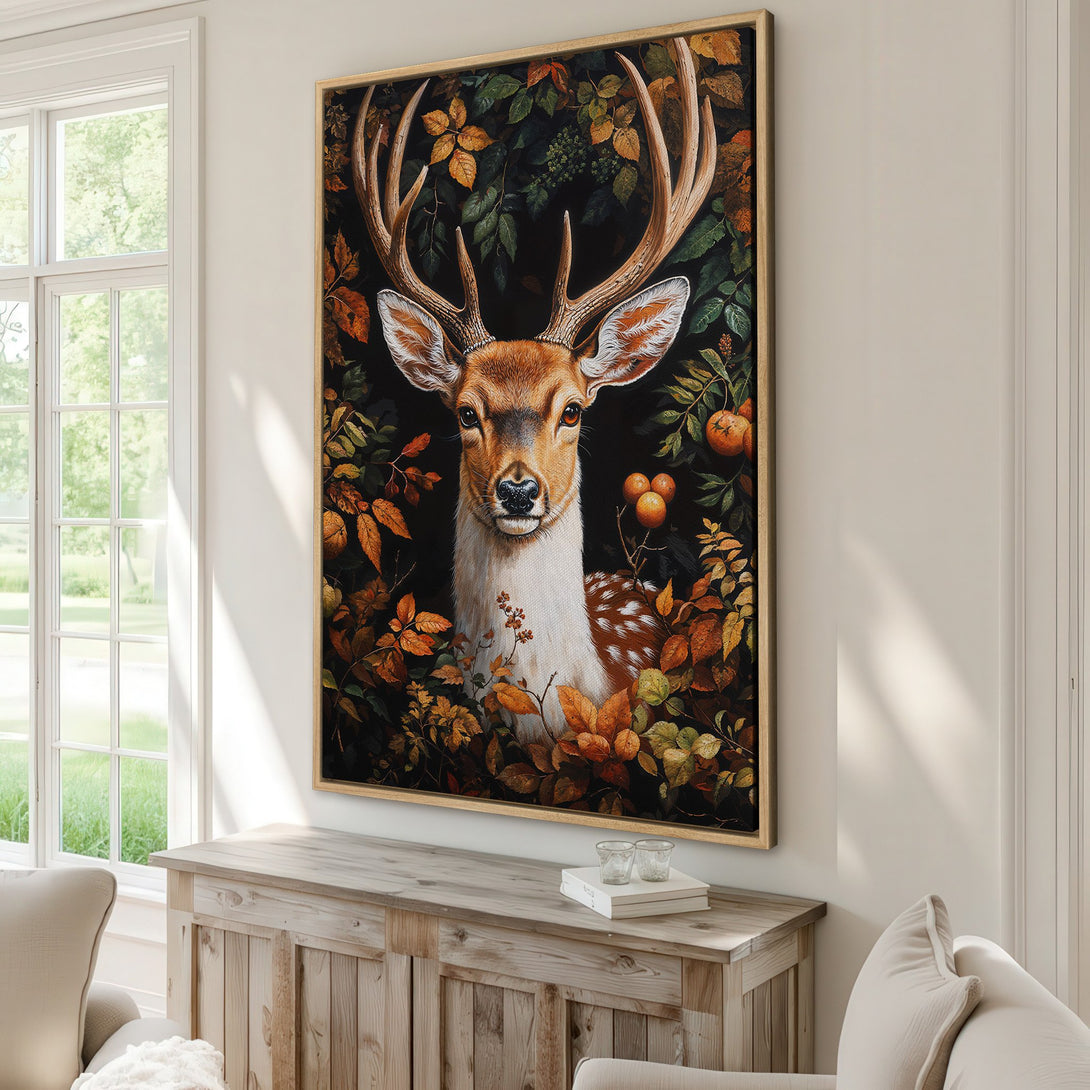 Framed Wall Art: Majestic deer portrait in warm autumn tones. Rustic style Canvas Print with a dark background and rich, earthy color palette. Perfect for any home!