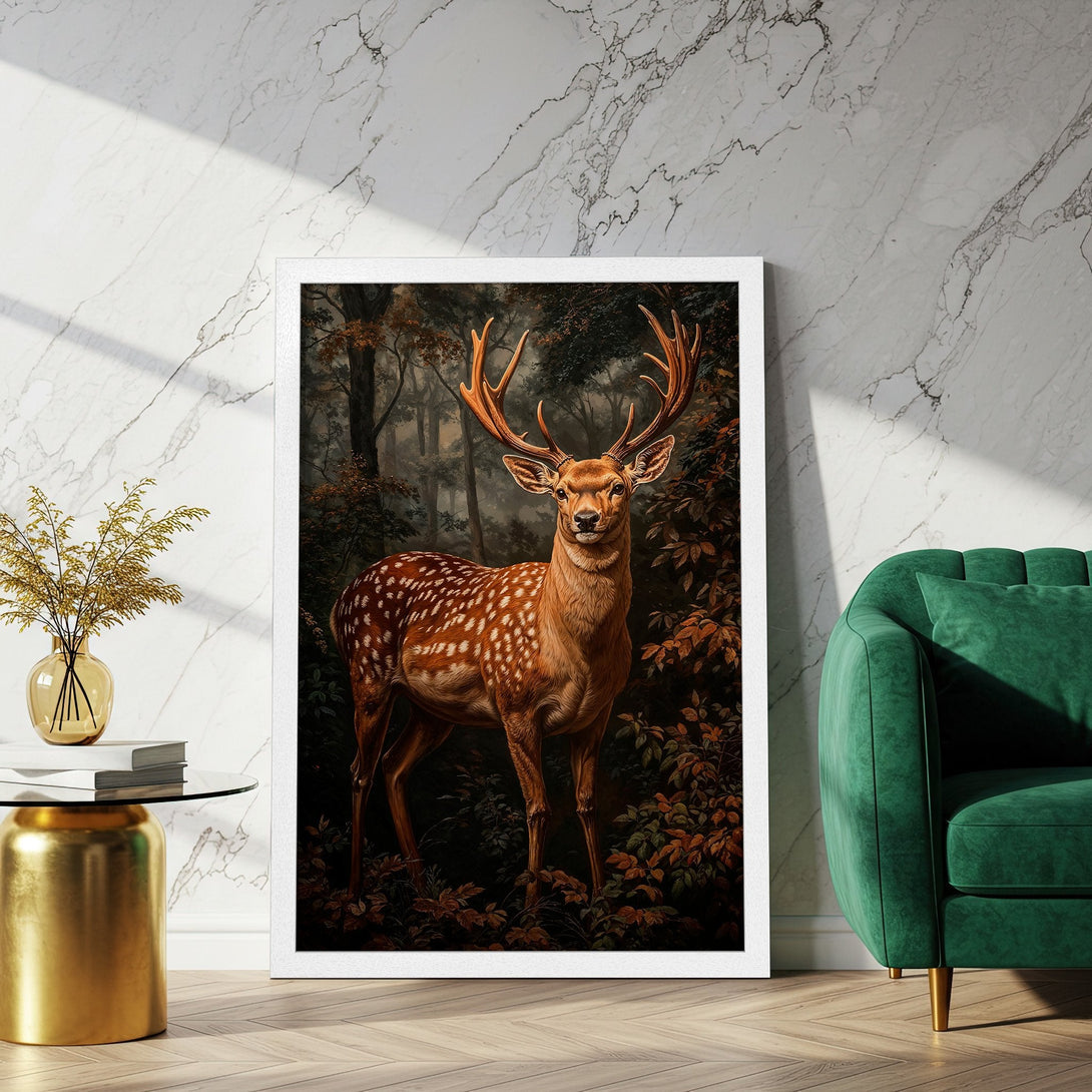 Framed Poster featuring a majestic deer in a forest setting, rich earth tones. Perfect for adding a touch of nature to your home!