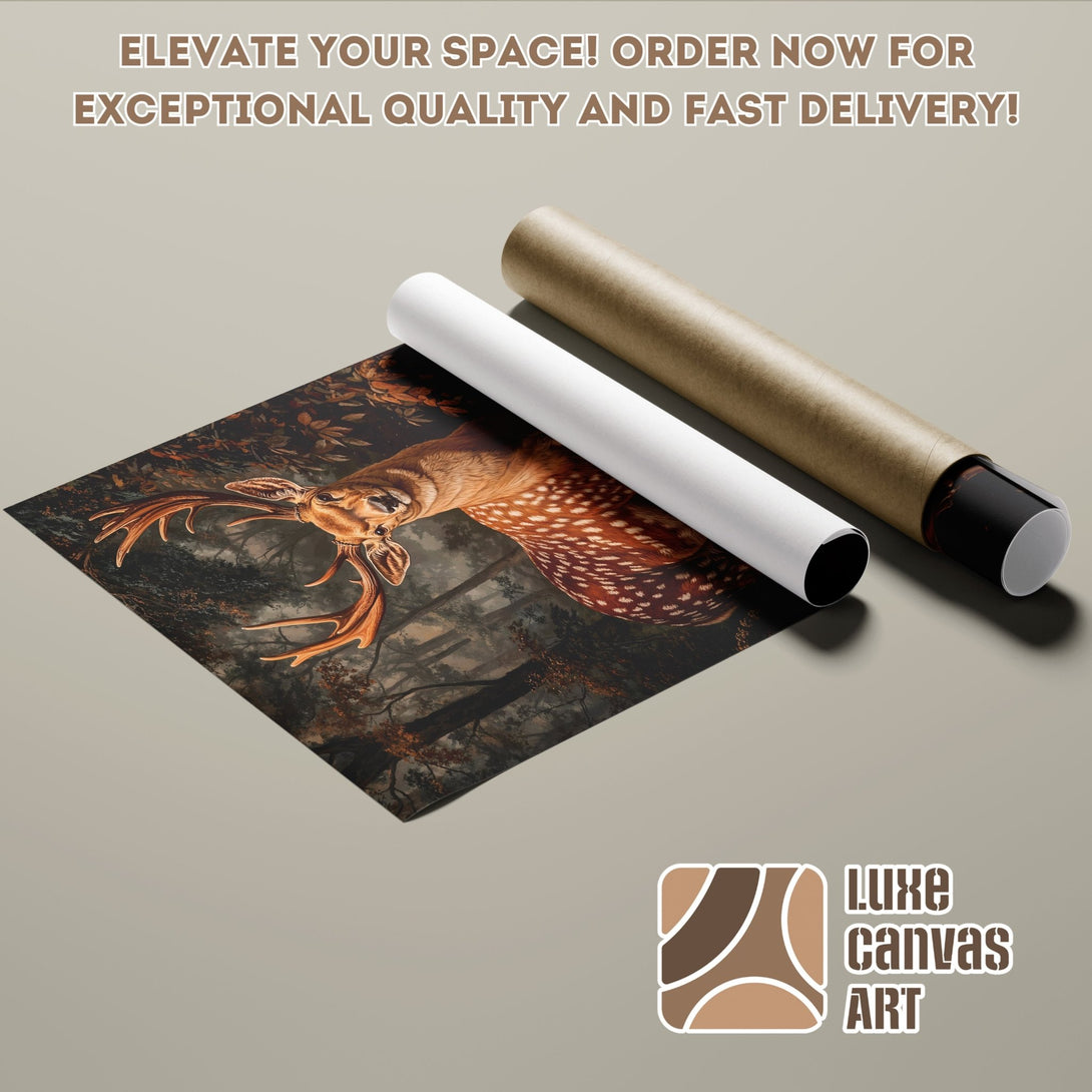 Poster Roll featuring a deer in a forest, warm color palette. Elevate your space with this stunning art poster! Order now!