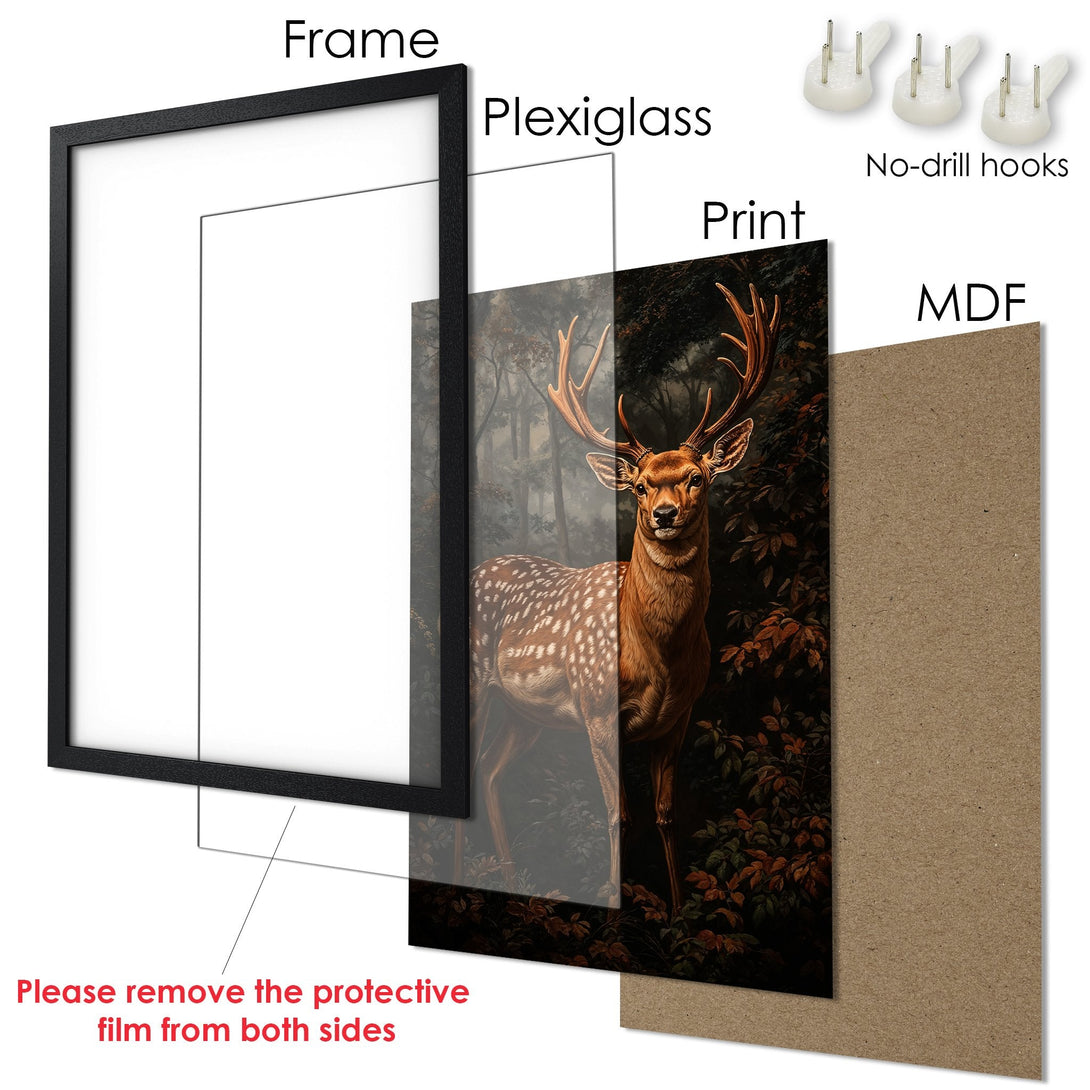 Framed Poster featuring a majestic deer in a forest, warm earthy tones. Add a touch of nature to your home with this stunning poster!