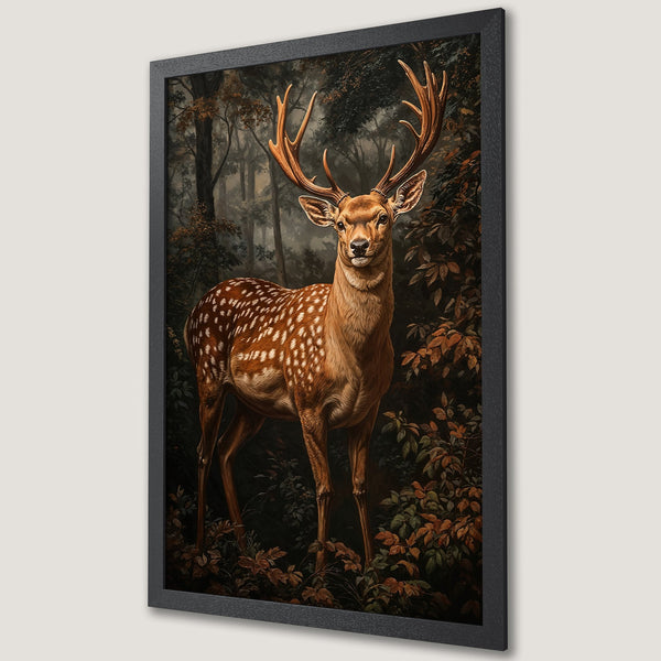Framed Poster featuring a majestic deer in a forest scene. Vintage style, earthy tones of brown, green, and gold. Perfect wall art.