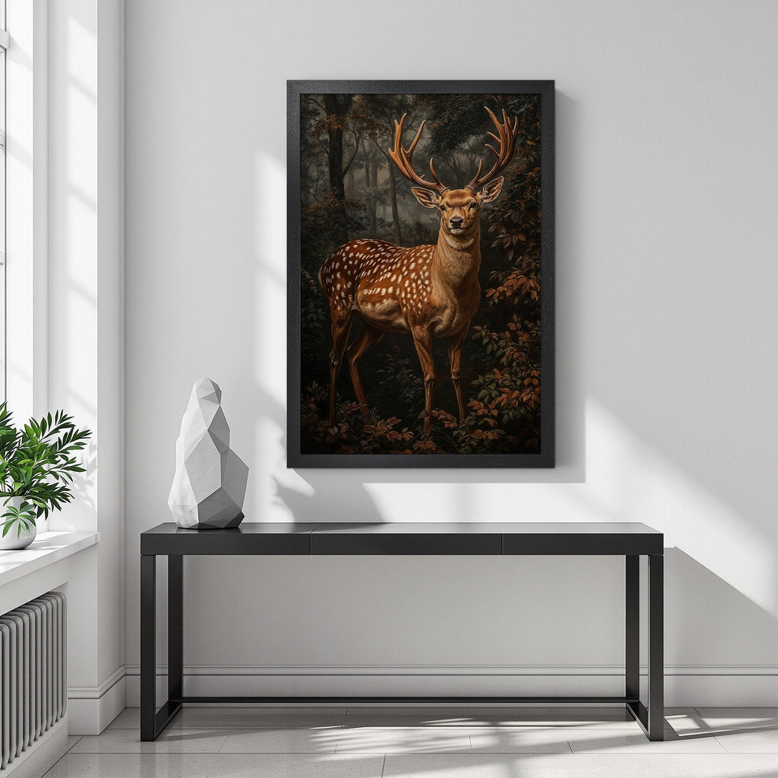 Framed Poster featuring a majestic deer in a forest, with a warm, earthy color palette. Perfect for adding a touch of nature to your home.
