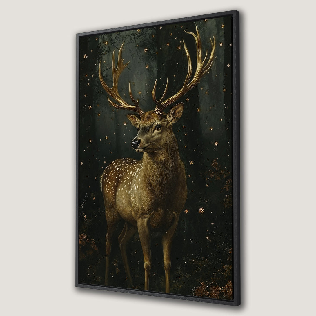 Framed Wall Art featuring a majestic deer with gold accents against a dark, starry backdrop. A stunning piece with a rich, warm color palette.